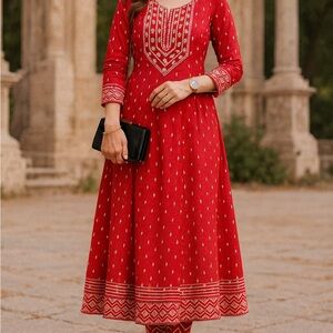 Elegant Red Embroidered Dress Anarkali with trousers and dupatta